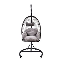 Hanging Swing Chair Outdoor Patio Wicker , PVC Rattan Swing Hammock Egg Chair with C Type Bracket , With Cushion and Pillow for Indoor,Outdoor, Gray
