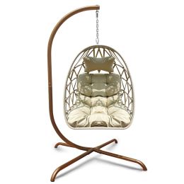 Swing Egg Chair  Stand Indoor Outdoor Wicker Rattan Patio Basket Hanging Chair with C Type bracket (Color: Gold)